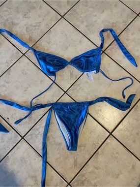 Women’s Blue Metallic Tie-Side Bikini Set